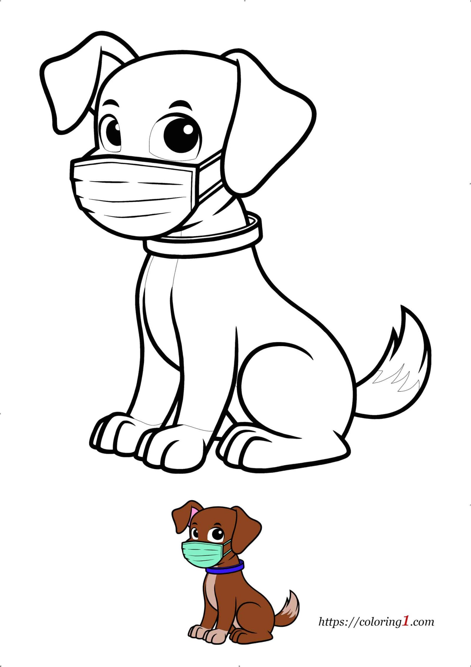 Dog Wearing Face Mask coloring page with preview how to color