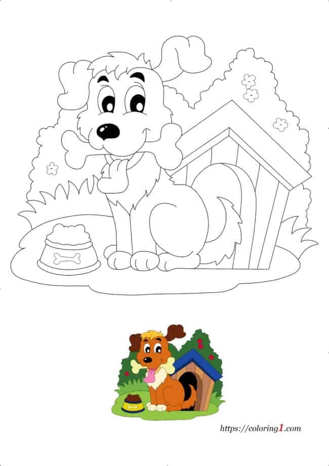 Hond met bot kleurplaat om af te drukken met voorbeeld hoe te kleuren