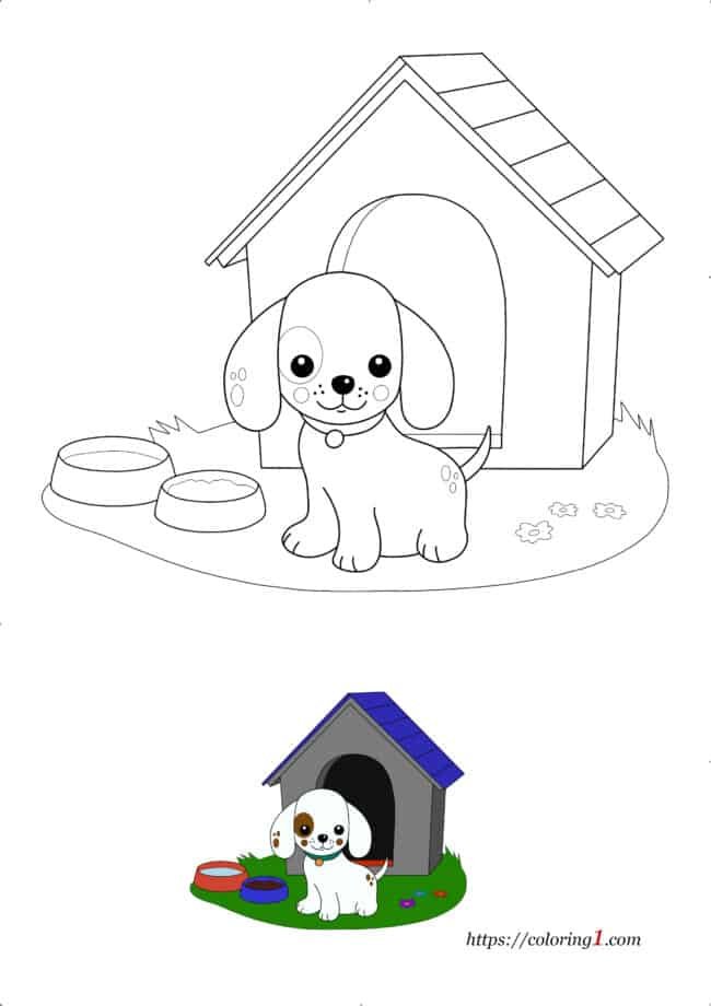 Puppy en hondenhuis kleurplaat om uit te printen voor kinderen