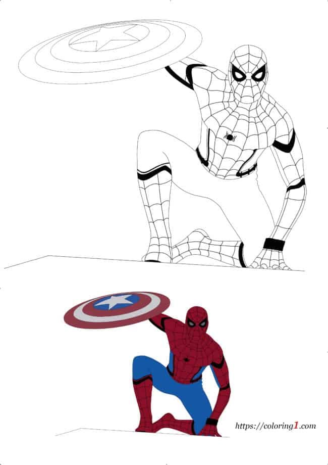 Spiderman with Captain America's Shield coloring page for teenagers