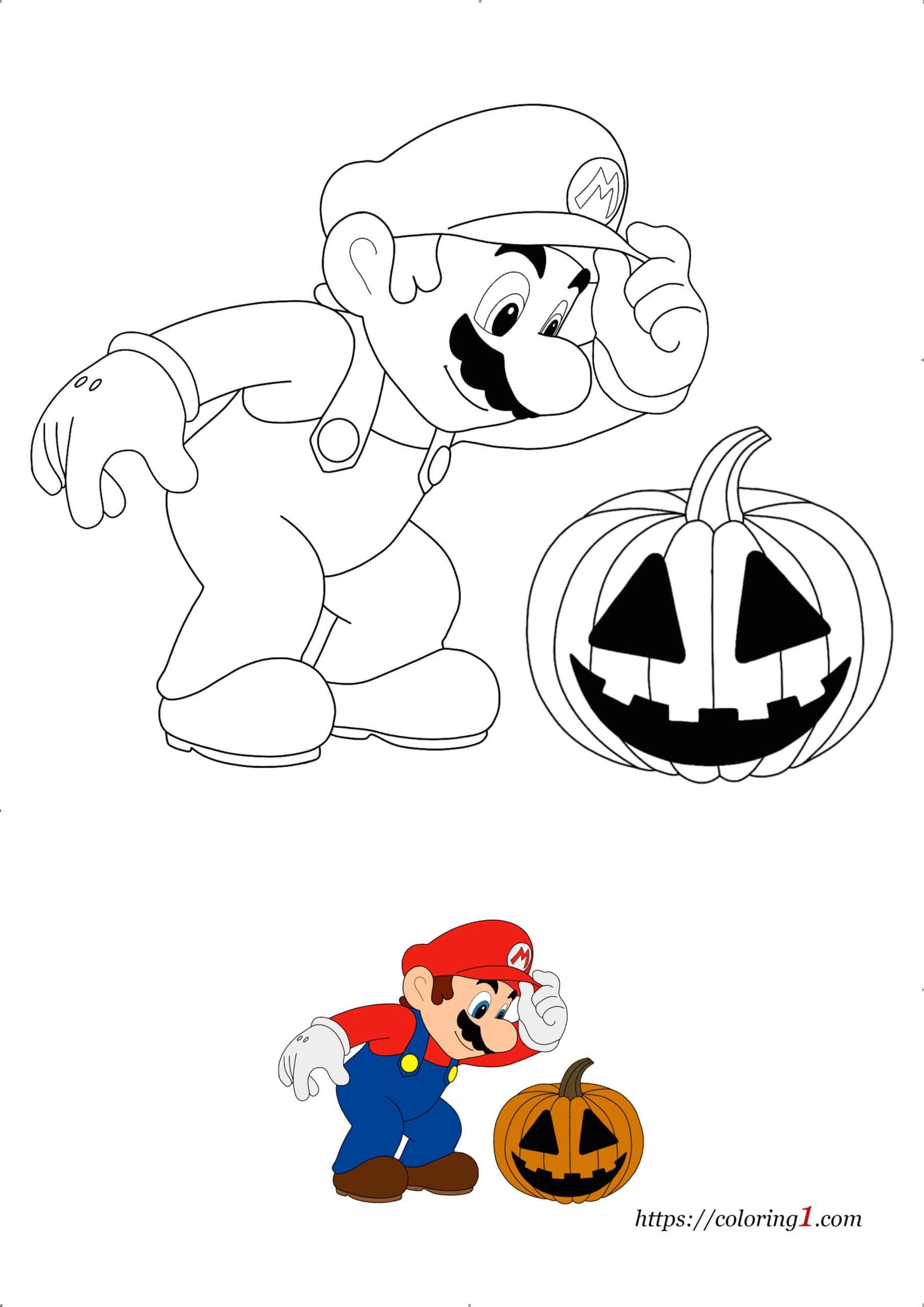 Mario met pompoen Halloween kleurplaat om af te drukken voor kinderen en volwassenen