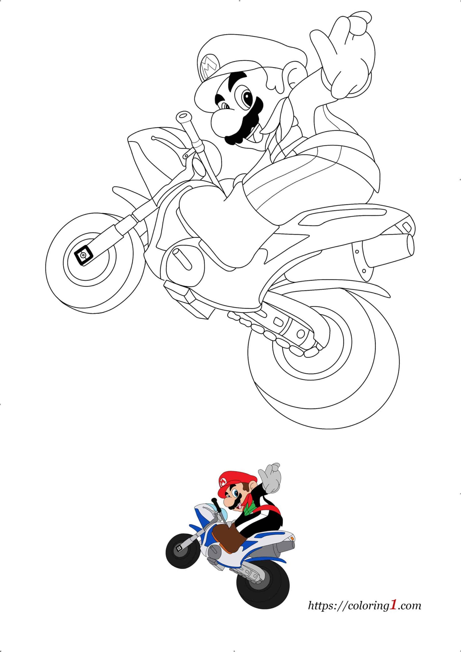 Mario driving with Motorcycle coloring page to print
