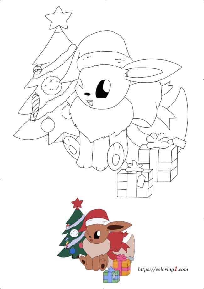 Pokemon Eevee Christmas magic coloring page with sample for kids
