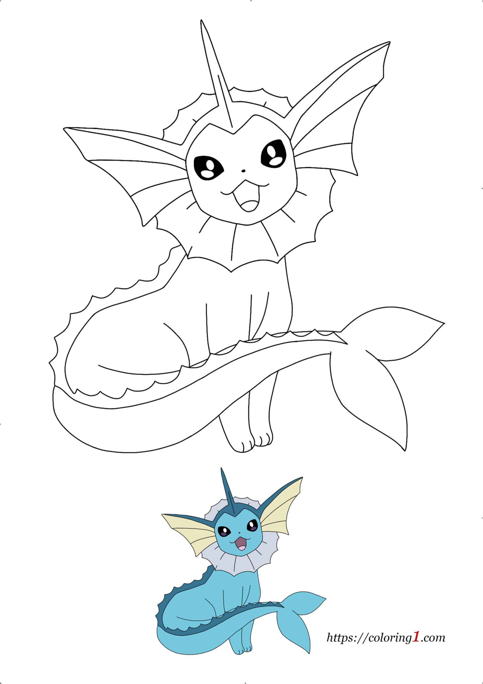 Pokemon Eevee Evolutions Vaporeon kleurplaat voor kinderen met voorbeeld