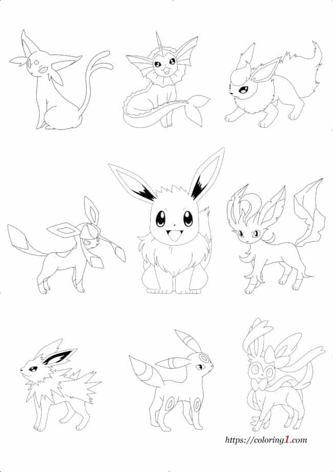 Coloriage Pokemon Famille d'évolution d'Évoli