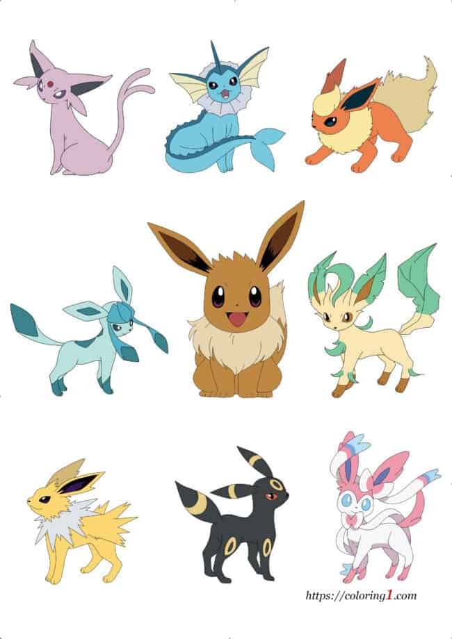 Pokemon Eevee Evolutions Familie afbeelding - voorbeeld hoe te kleuren