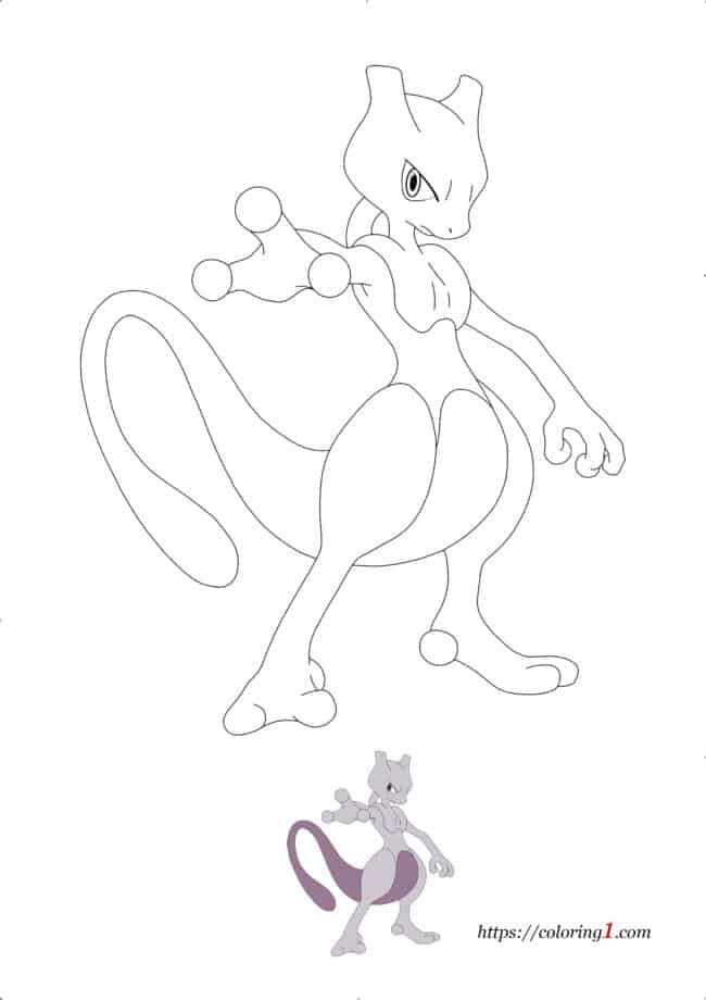 Pokemon Mewtwo easy coloring page for boys and girls with sample