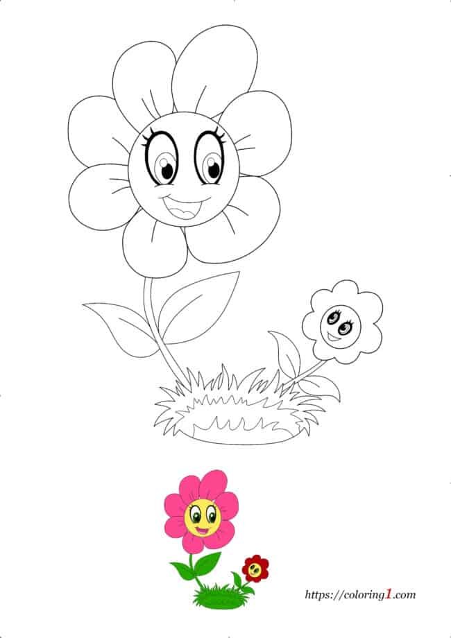 Grote en kleine bloem eenvoudige kleurplaat om af te drukken met voorbeeld