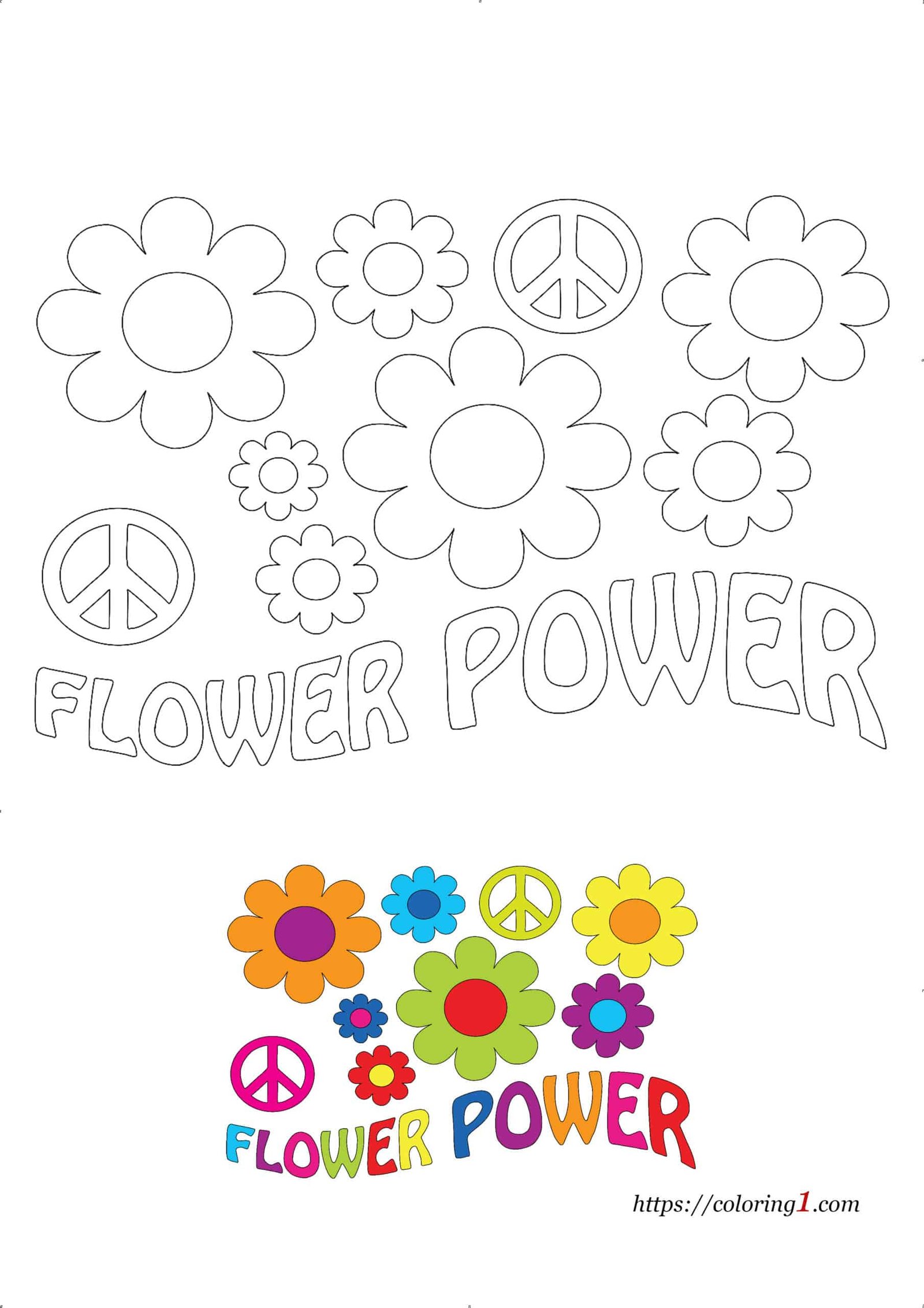 Flower Power gratis kleurplaat met voorbeeld hoe te kleuren