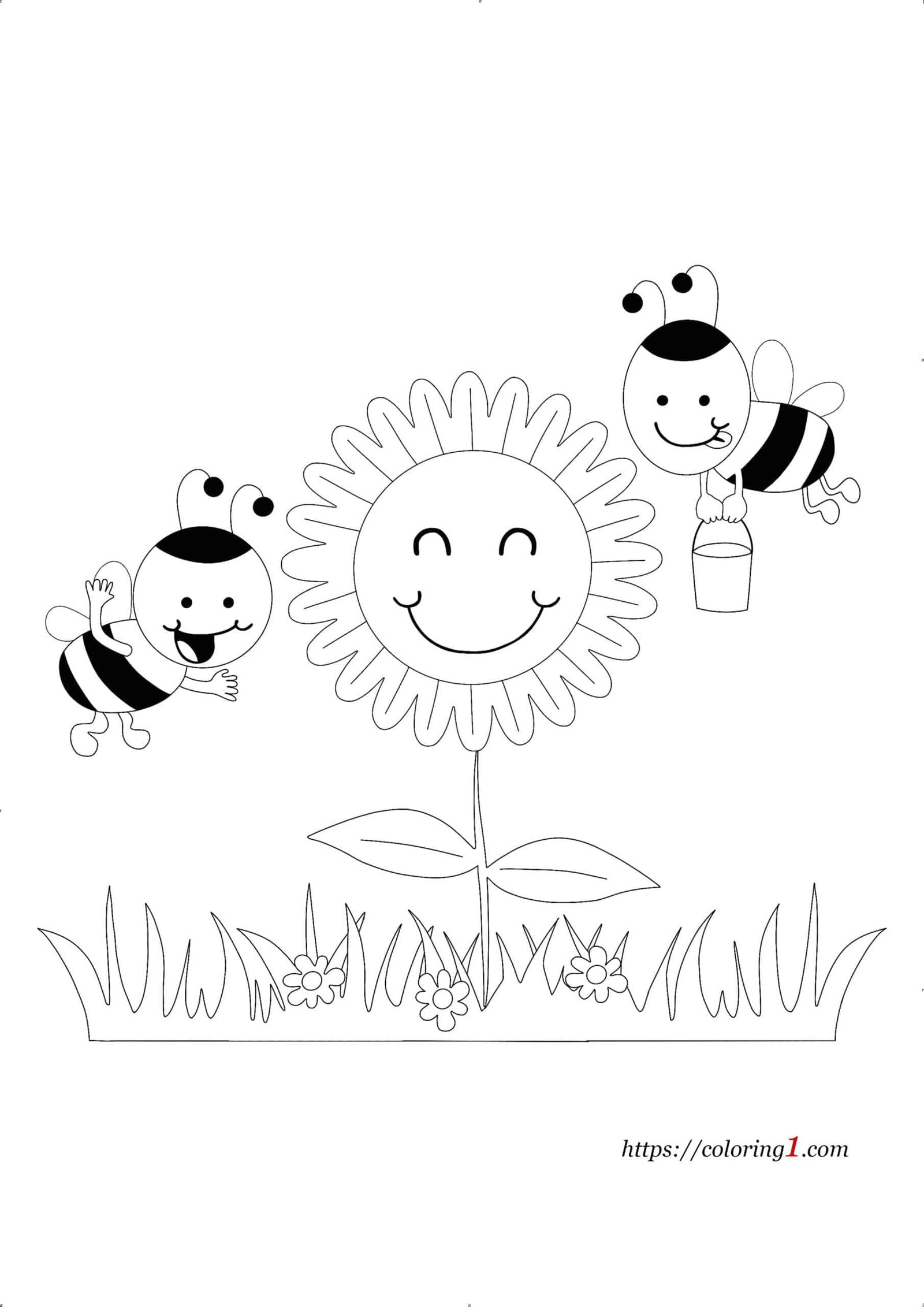 Two Bees and Big Flower coloring page