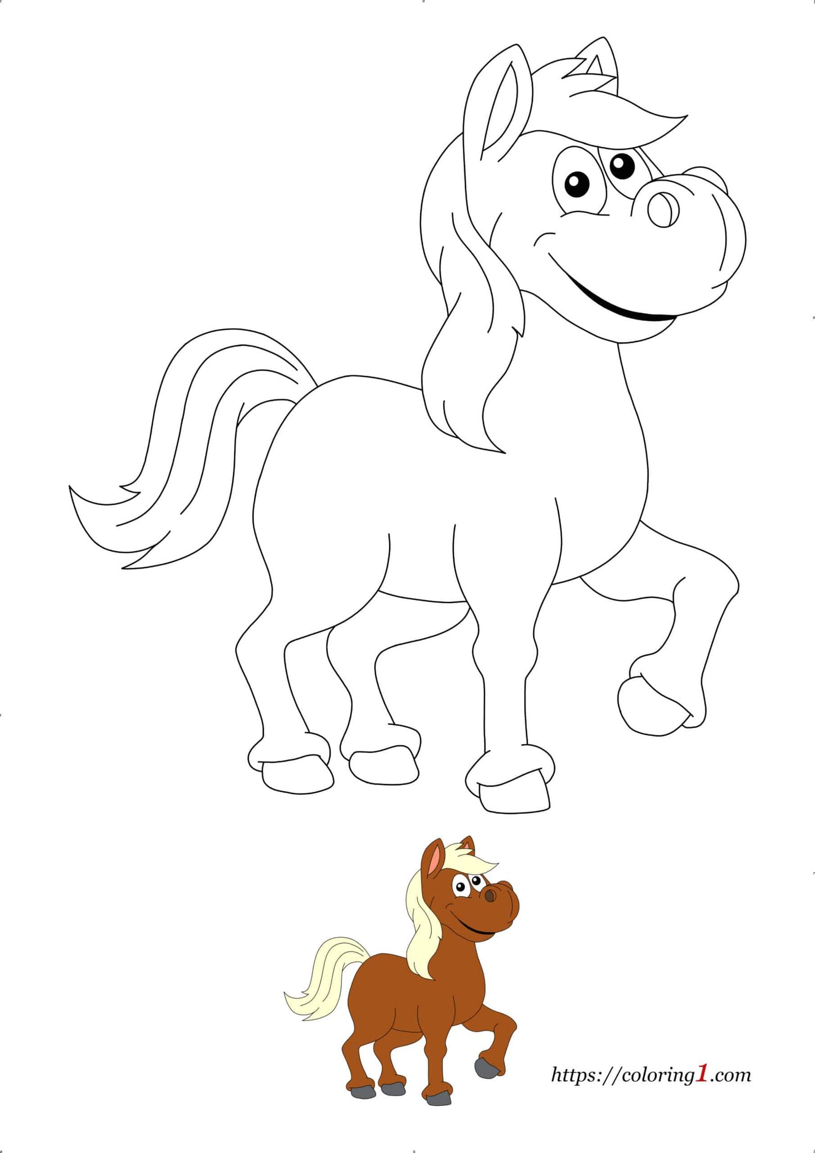 Cartoon Paard gemakkelijke kleurplaat met voorbeeld om af te drukken