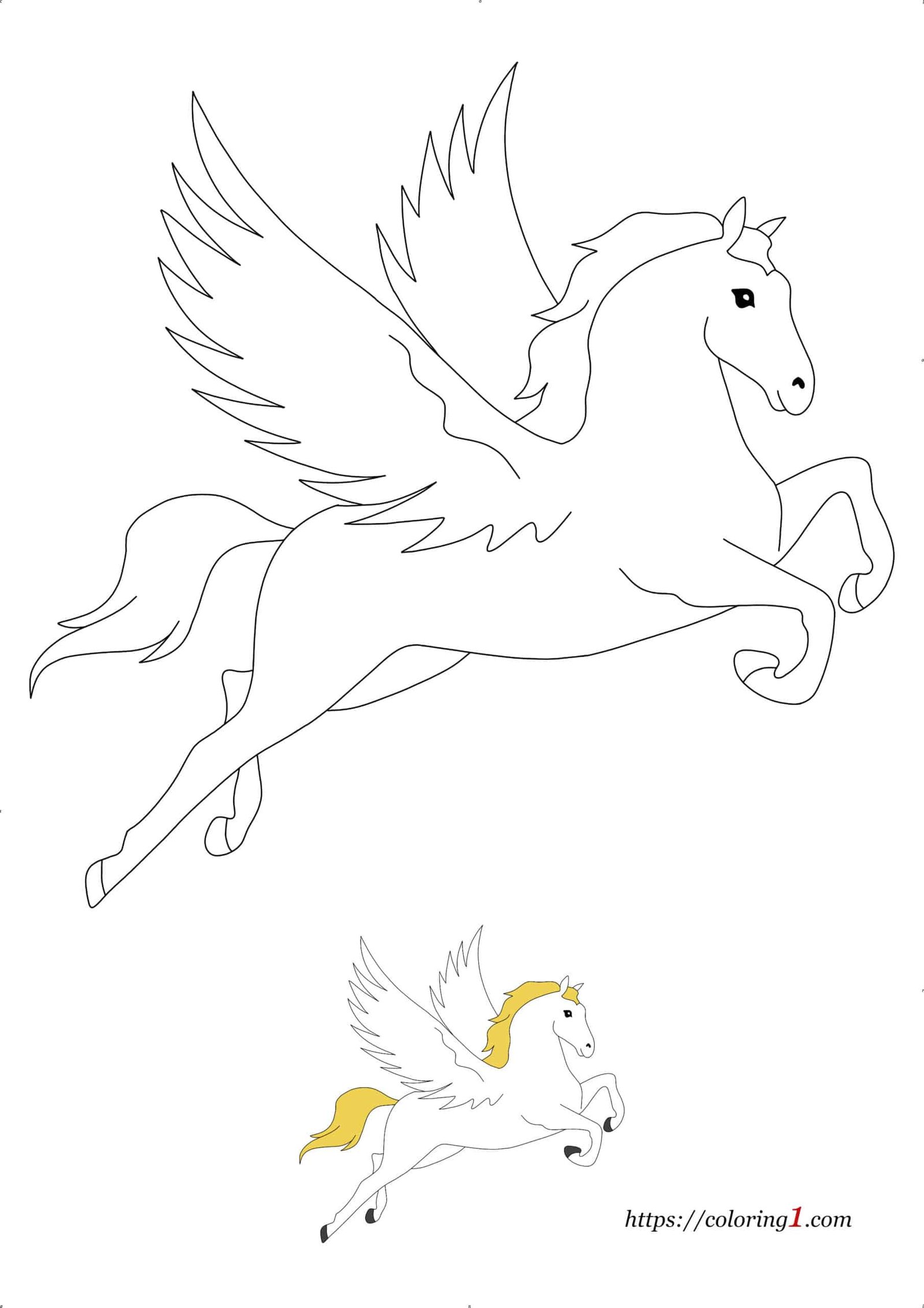 Vliegend paard gemakkelijke kleurplaat om af te drukken met voorbeeld