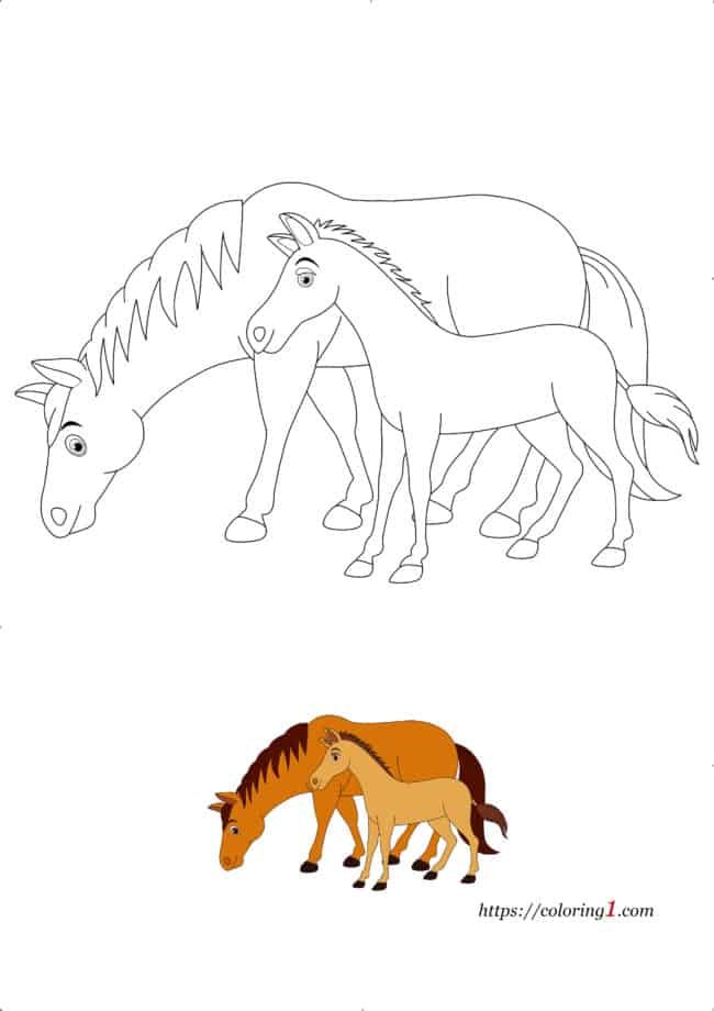 Paard en veulen kleurplaat om af te drukken met voorbeeld