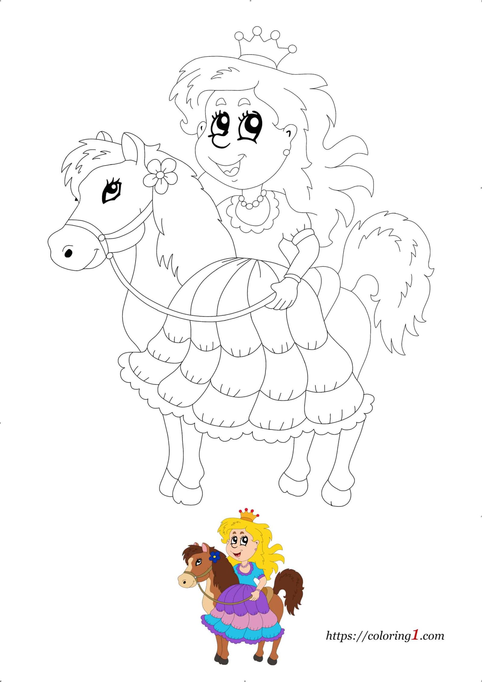 Prinses Op Paard afdrukbare kleurplaat voor meisjes