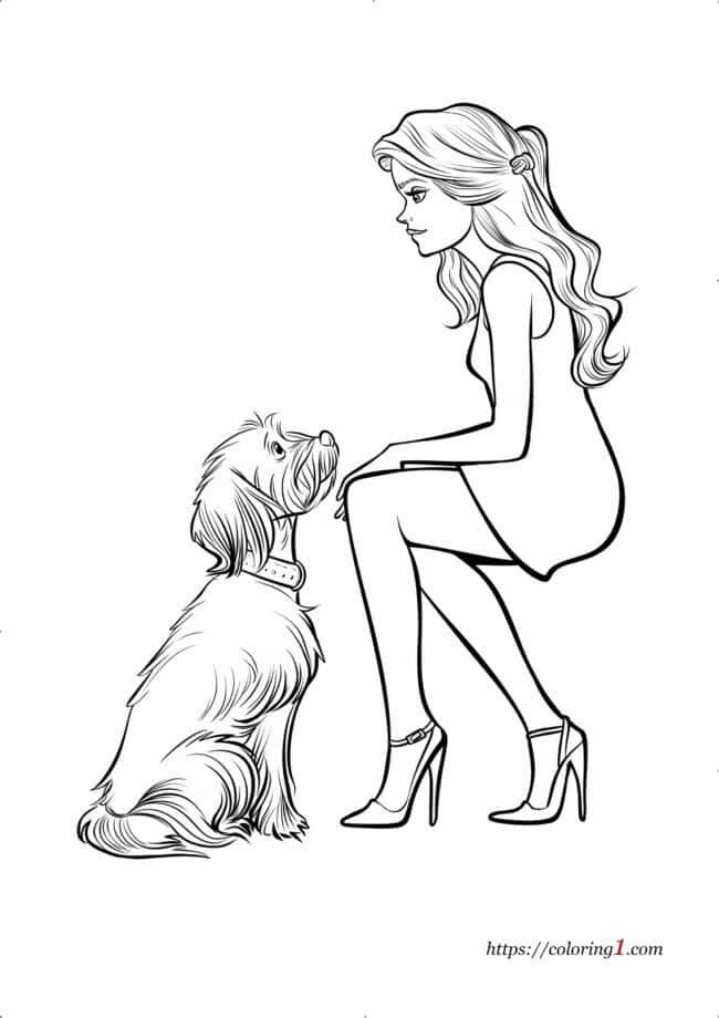 Barbie And Dog printable coloring page for kids