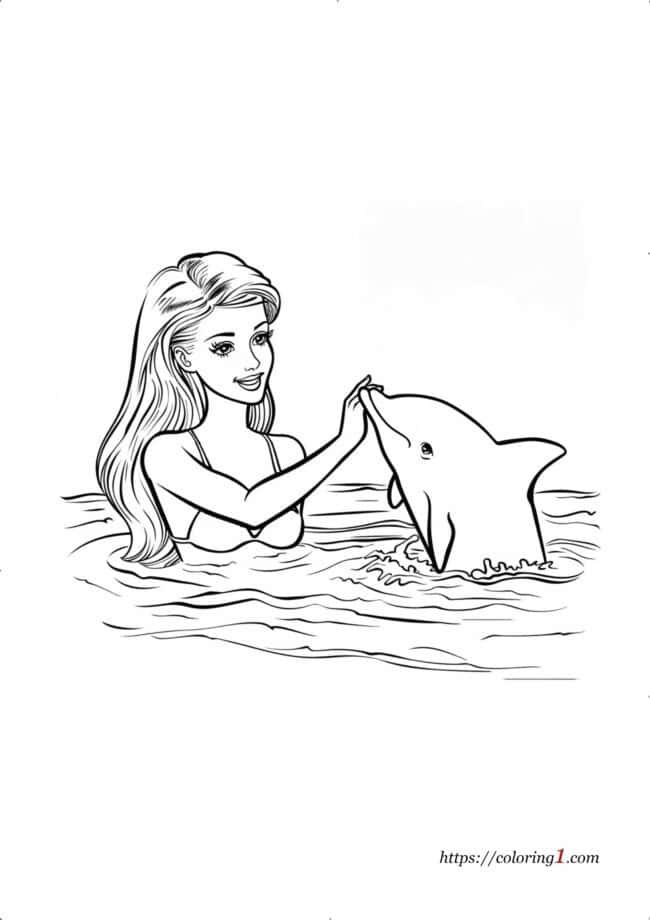 Barbie And Dolphin cute coloring page to print