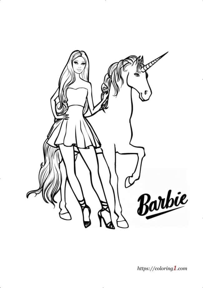 Barbie And Unicorn coloring page for girls