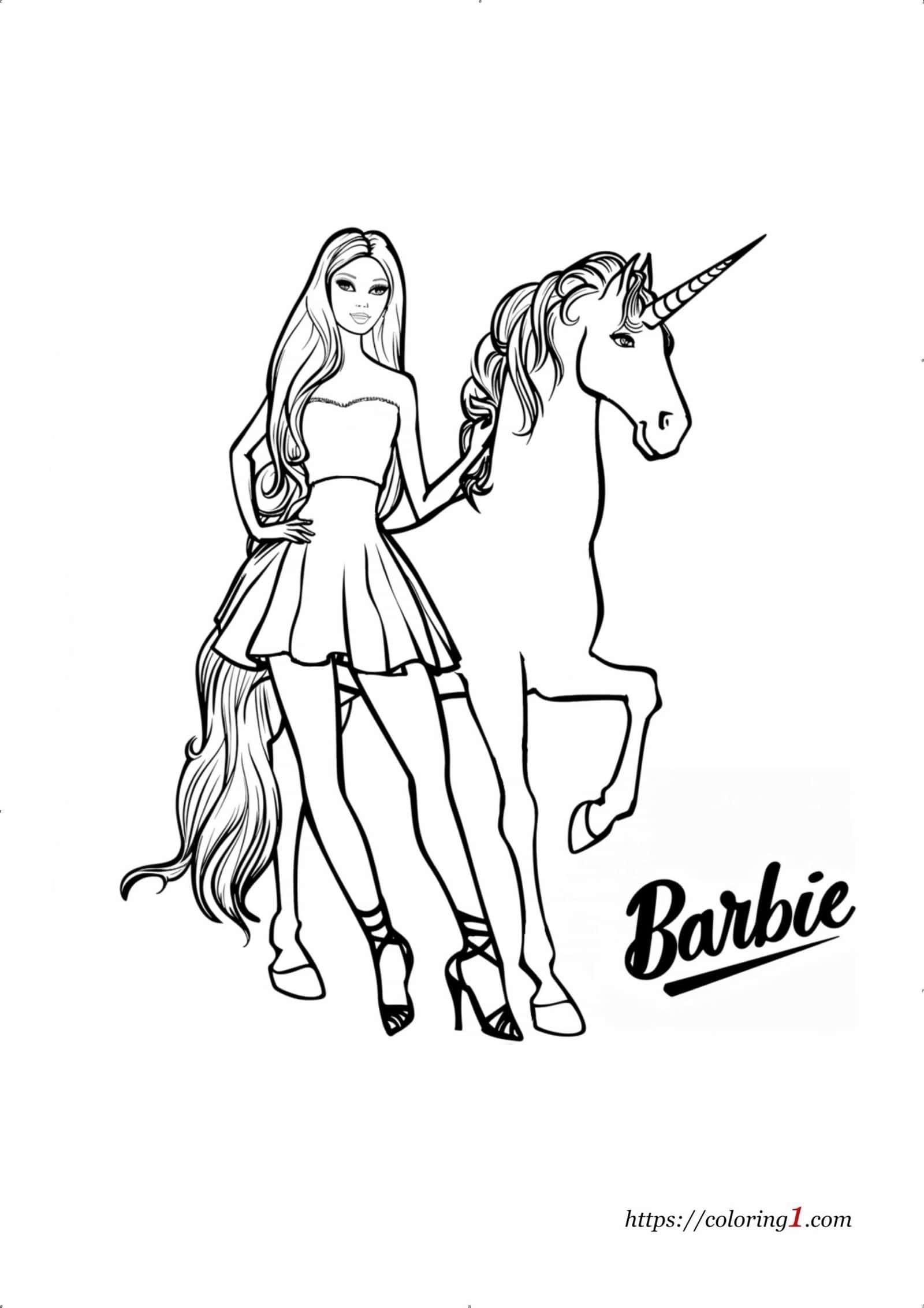 Barbie And Unicorn coloring page for girls