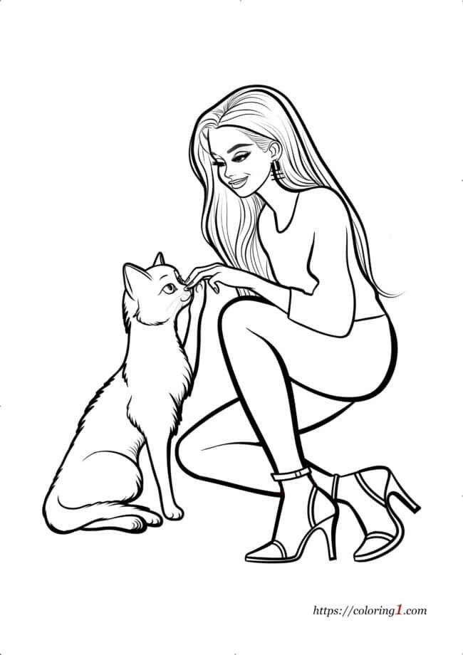 Barbie jouant avec un chat coloriage pour enfants