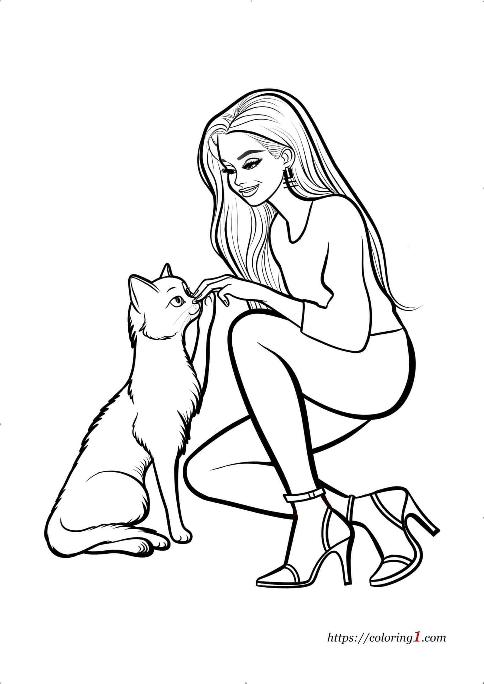 Barbie Playing With Cat coloring page for kids