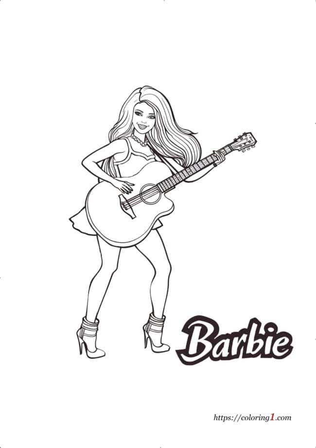 Coloriage Barbie Popstar joue de la guitare à imprimer