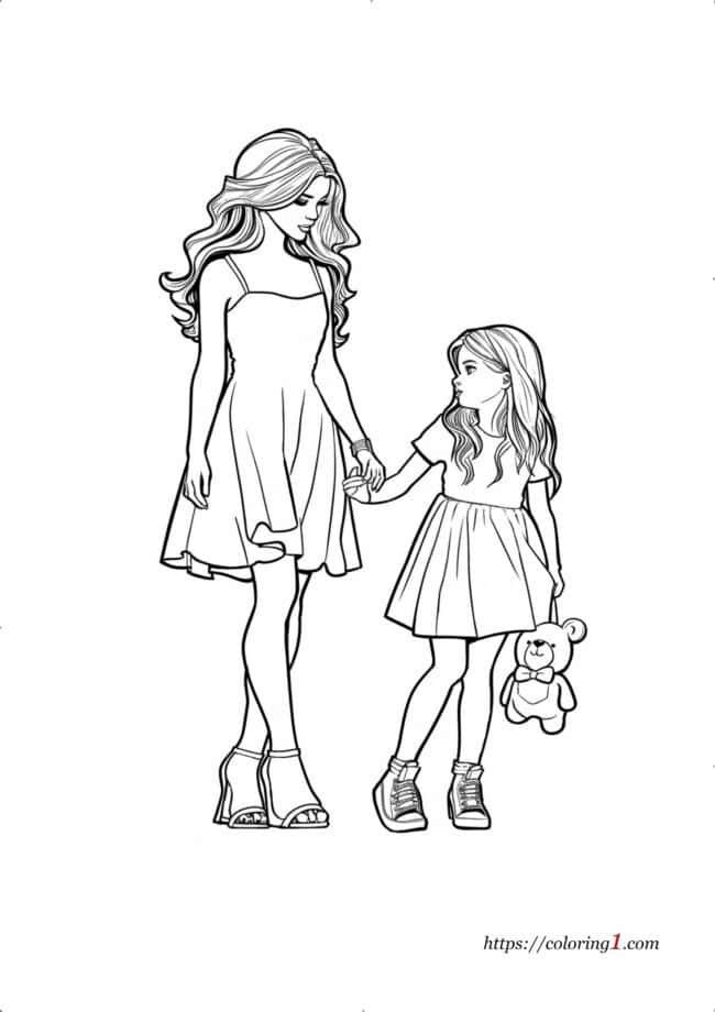 Barbie with Young Girl free printable coloring page