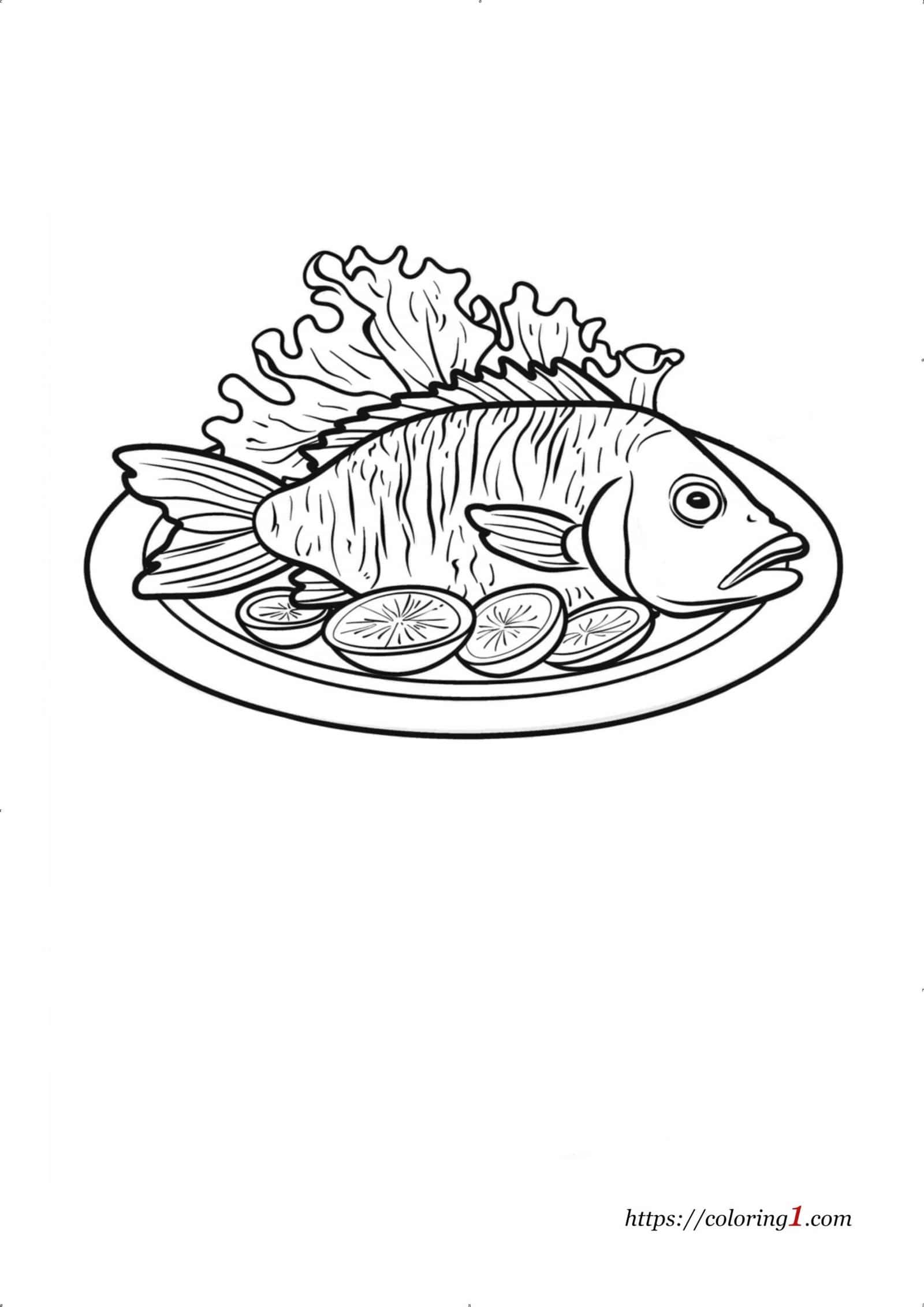 Cooked Fish on plate coloring page to print