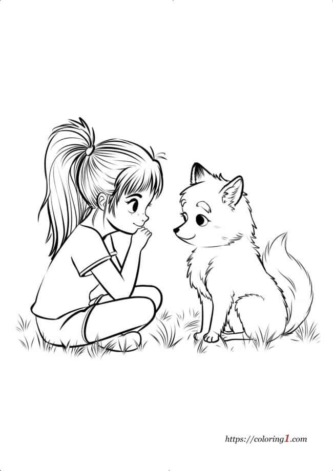 Girl and Fox cute coloring page