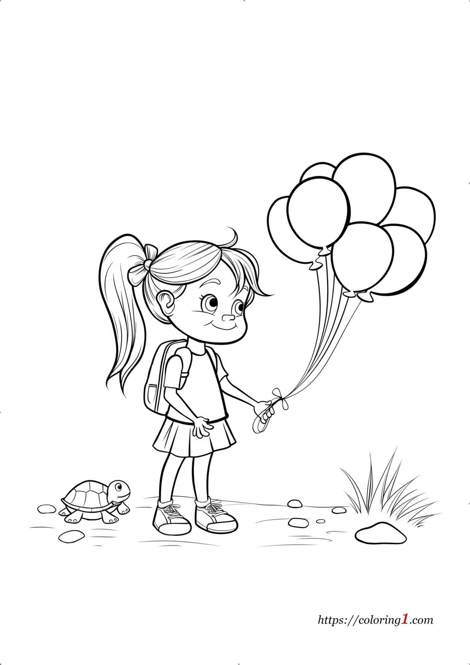 Coloriage d'une fille avec des ballons et une tortue à imprimer