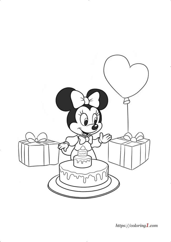 Minnie Mouse Verjaardagstaart en cadeautjes kleurplaat
