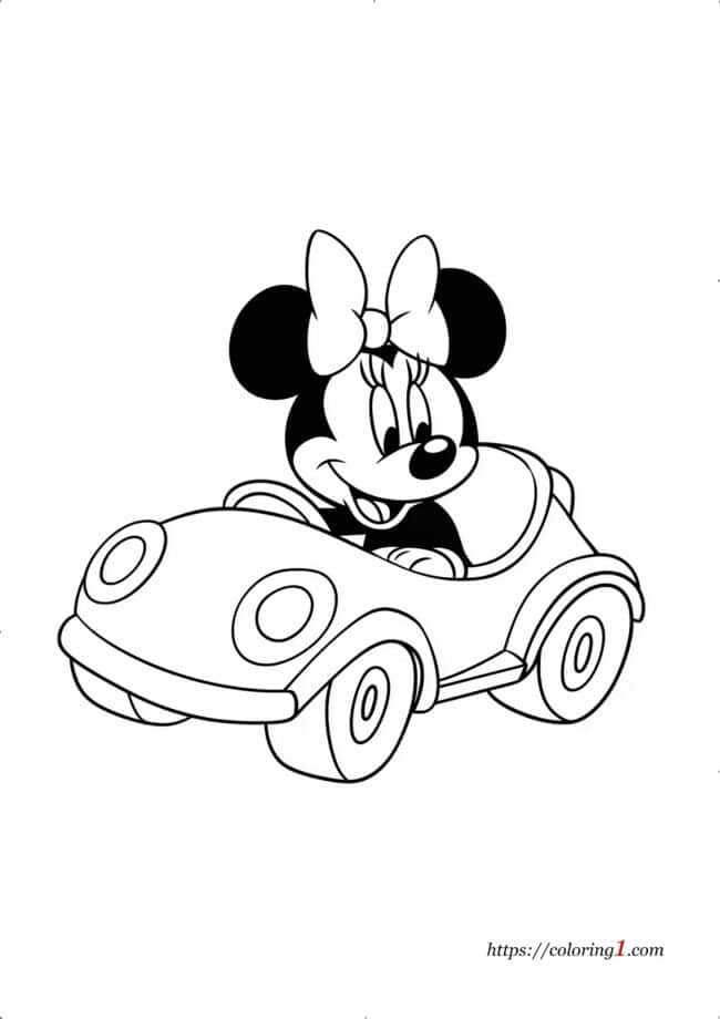 Minnie Mouse rijdende auto schattige kleurplaat voor kinderen