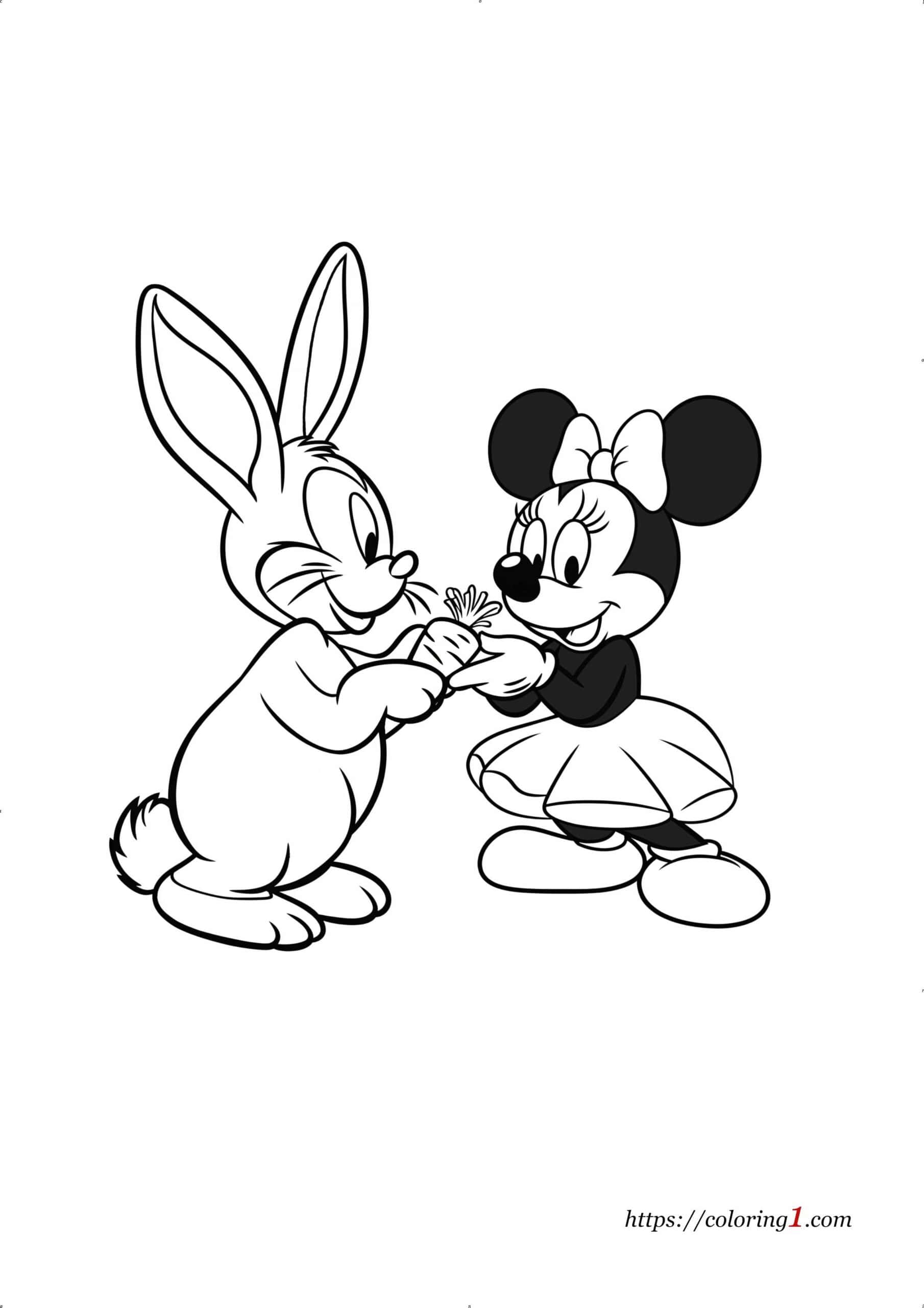 Minnie Mouse en Bunny kleurplaat zwart-wit