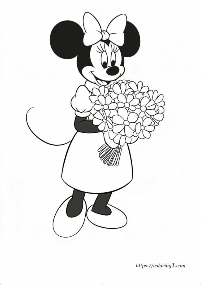 Minnie Mouse met bloemen gratis kleurplaat voor meisjes en jongens