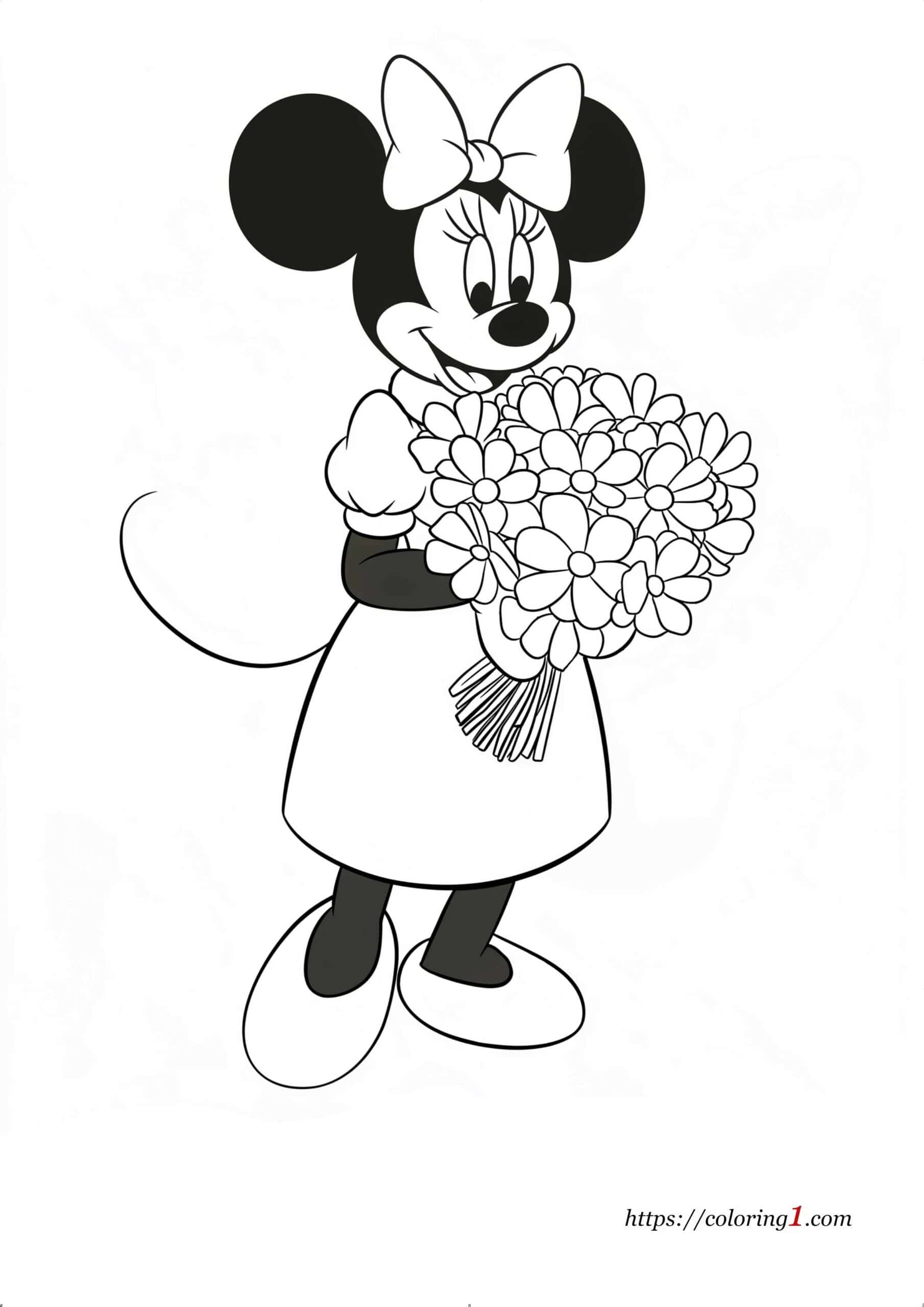 Minnie Mouse met bloemen gratis kleurplaat voor meisjes en jongens