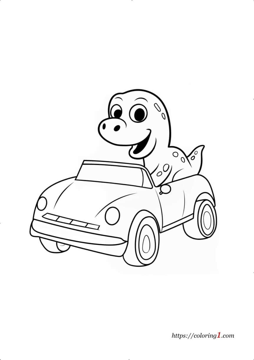 Dinosaur Driving a Car - Free Coloring Sheet