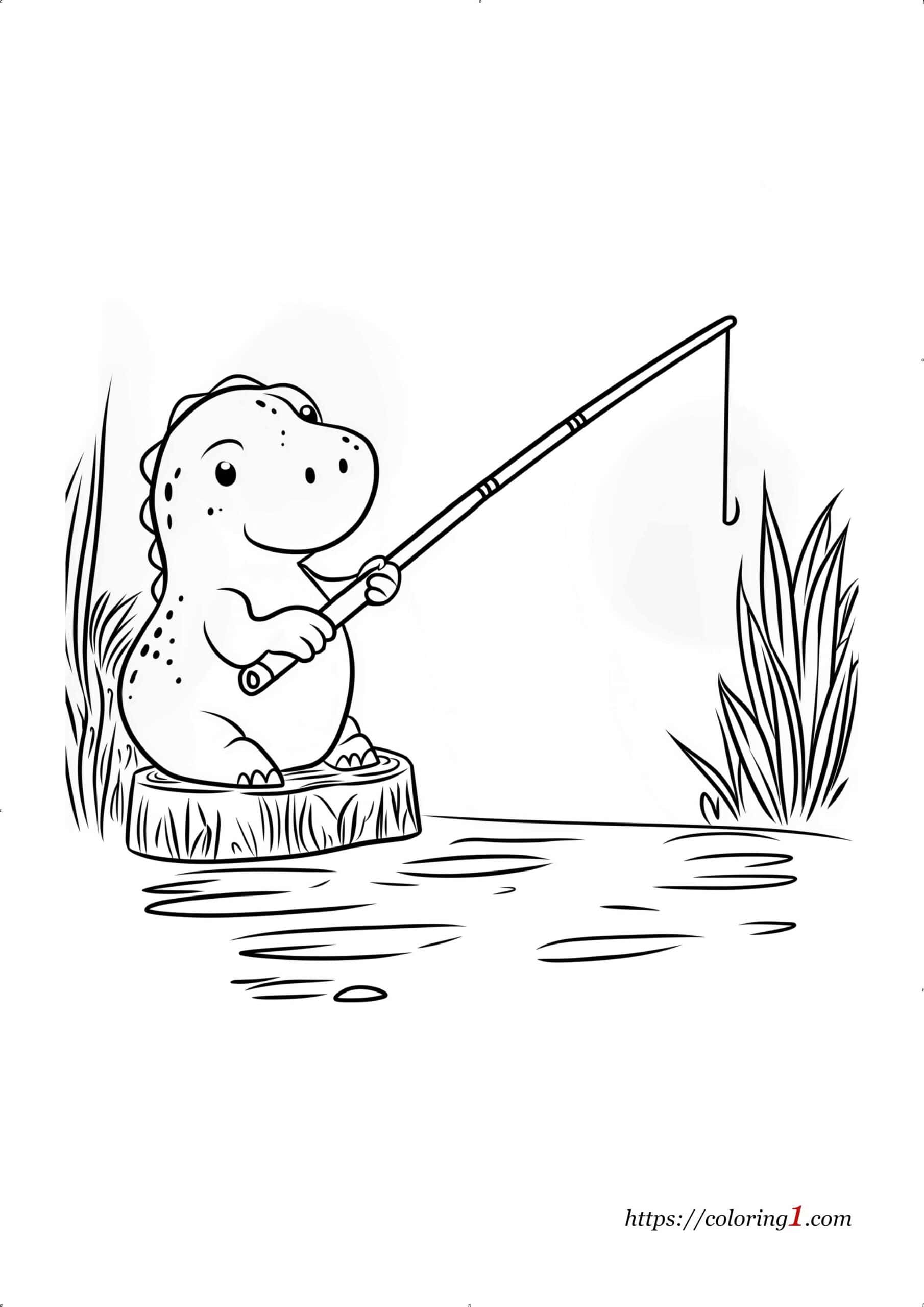 Dinosaur Fishing in a Lake coloring page for kids