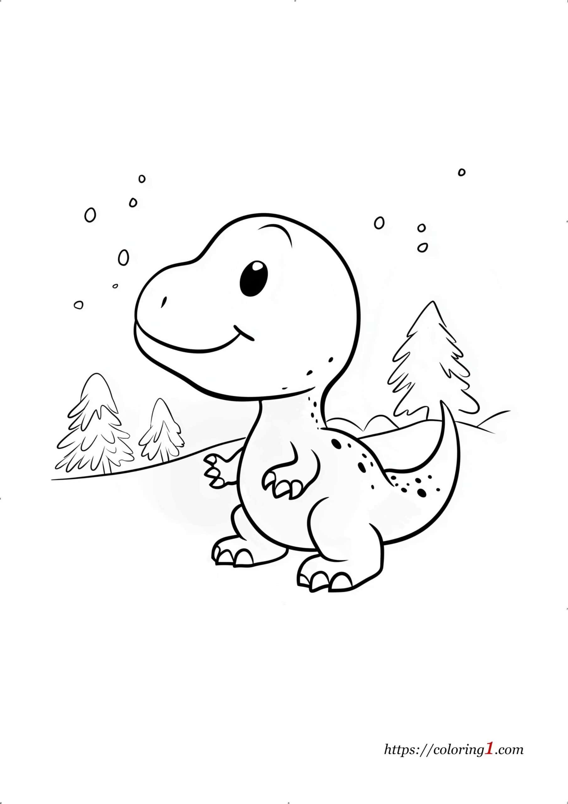 Dinosaur in Winter Snow cute coloring page to print