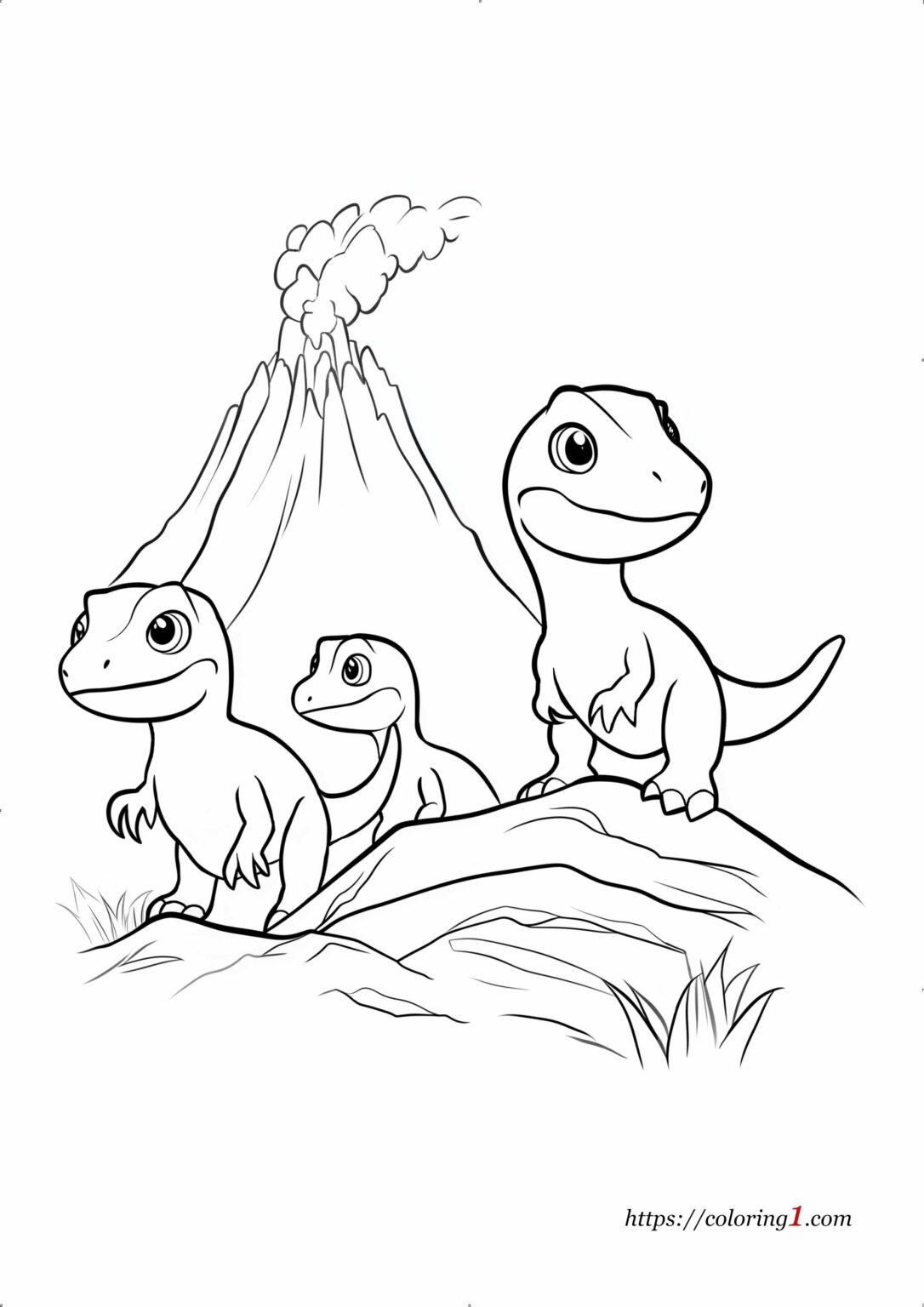 Dinosaurs Near a Volcano - Free Coloring Sheet