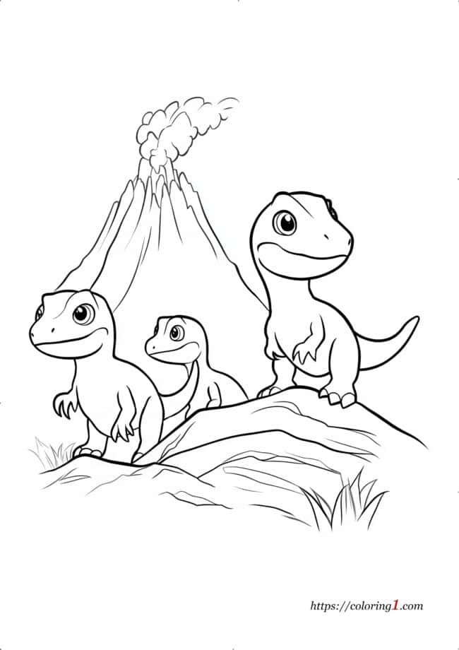 Dinosaurs Near a Volcano coloring book page for kids