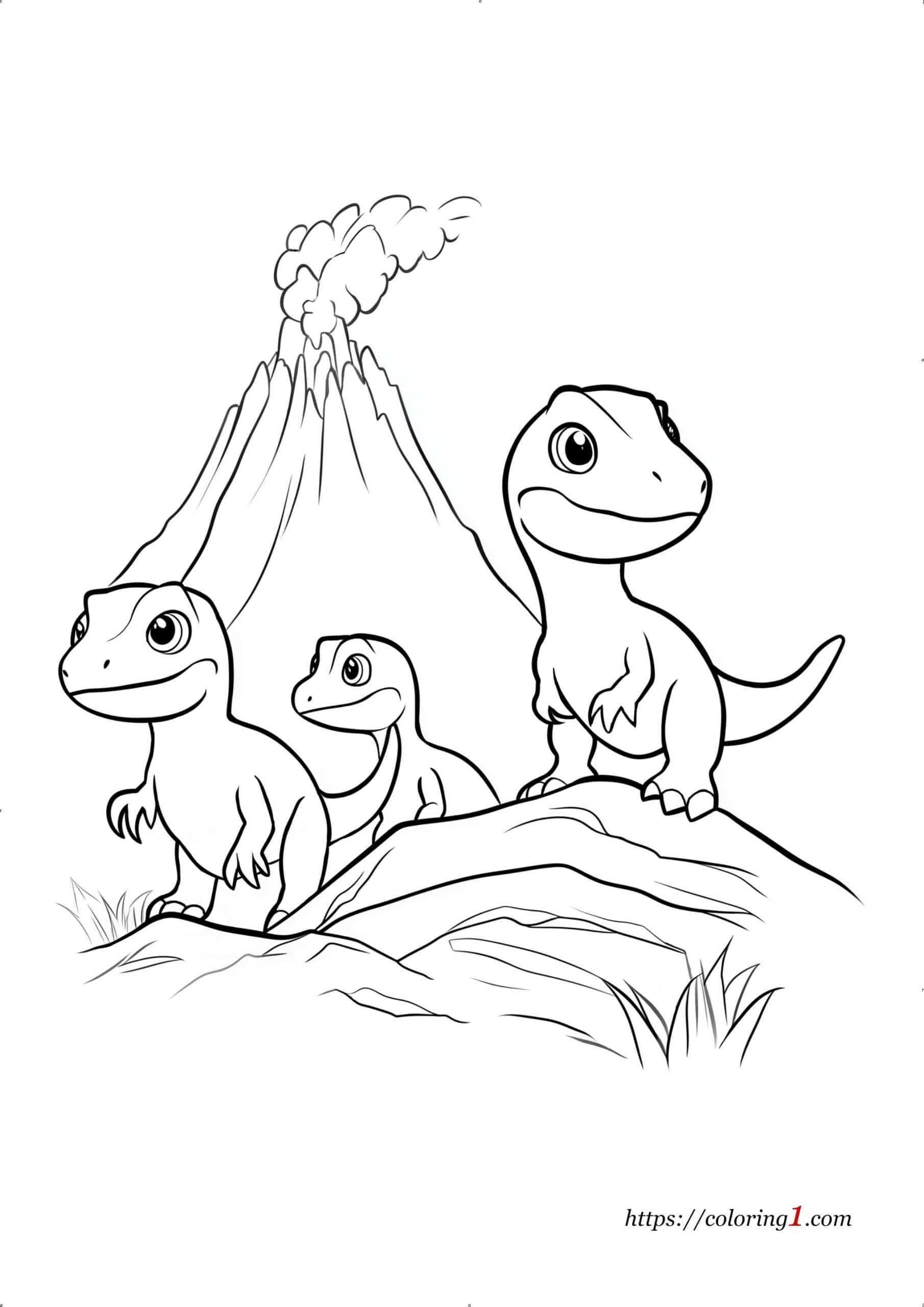Dinosaurs Near a Volcano coloring book page for kids