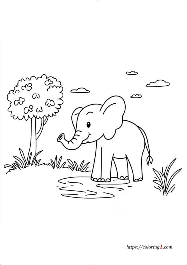 Pagina da colorare con un elefante che beve acqua per bambini