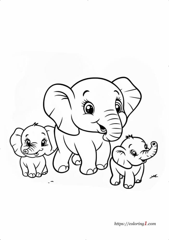 Elephant Family simpatico disegno da colorare per bambini e bambine