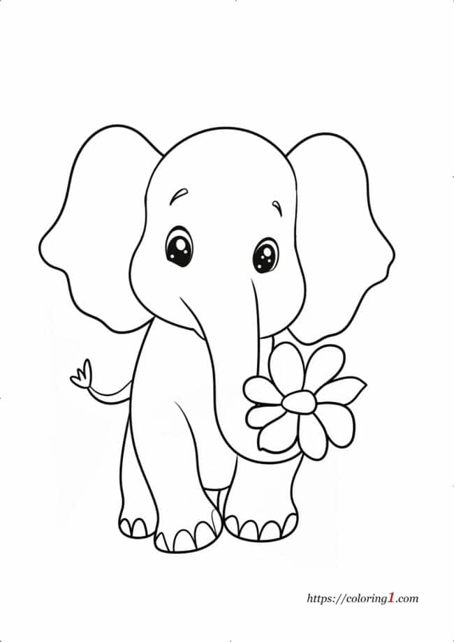 Elefante che tiene un fiore disegno da colorare da stampare