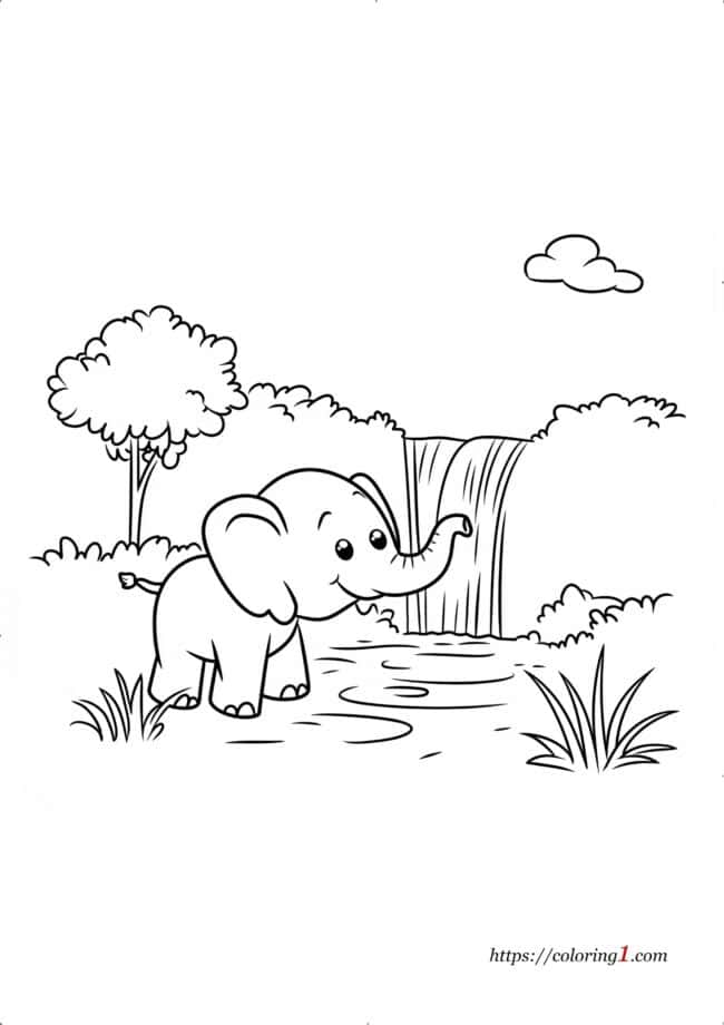 Elefante vicino a una cascata disegno da colorare gratuito per bambini