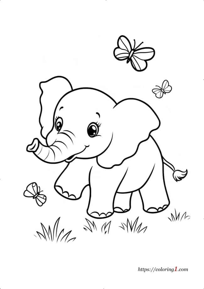 Disegno da colorare Elefante che gioca con le farfalle da stampare
