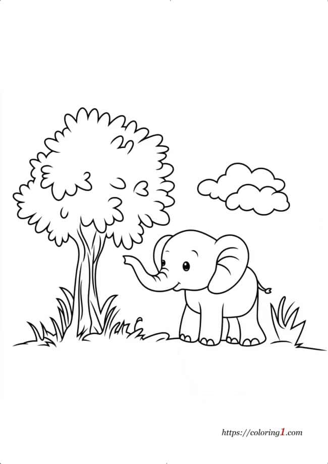 Disegno da colorare Elefante sotto un albero per bambini e bambine