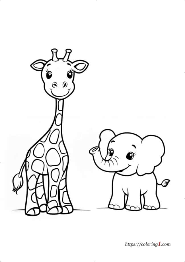 Elefante con giraffa: simpatico disegno da colorare per bambini