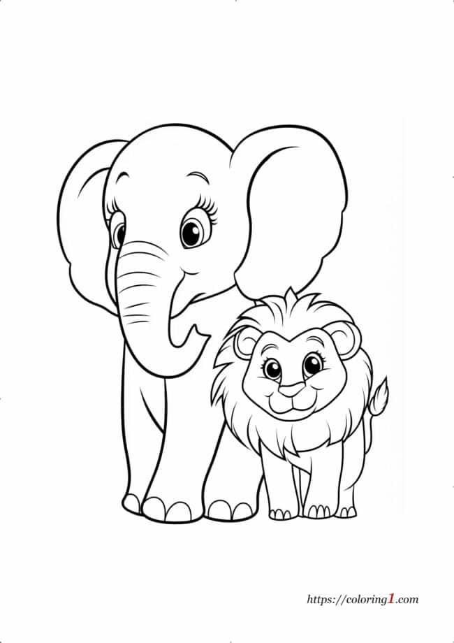 Elefante con un leone disegno da colorare stampabile gratuitamente